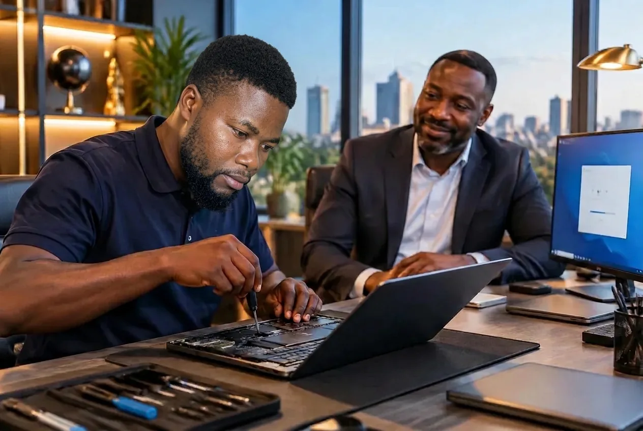 Ephraim Nyadowa servicing a laptop while a business client looks on