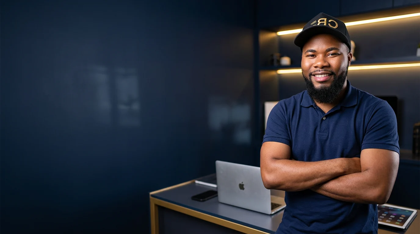 Ephraim Nyadowa, founder of SALE-RITE, in his technology workspace