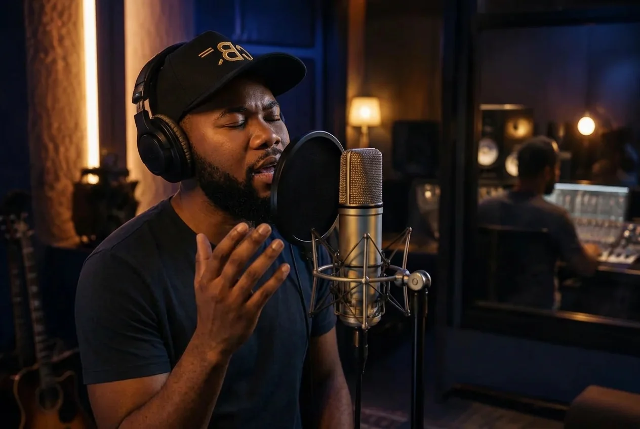Ephraim Nyadowa singing into a studio microphone with an engineer at the mixing desk