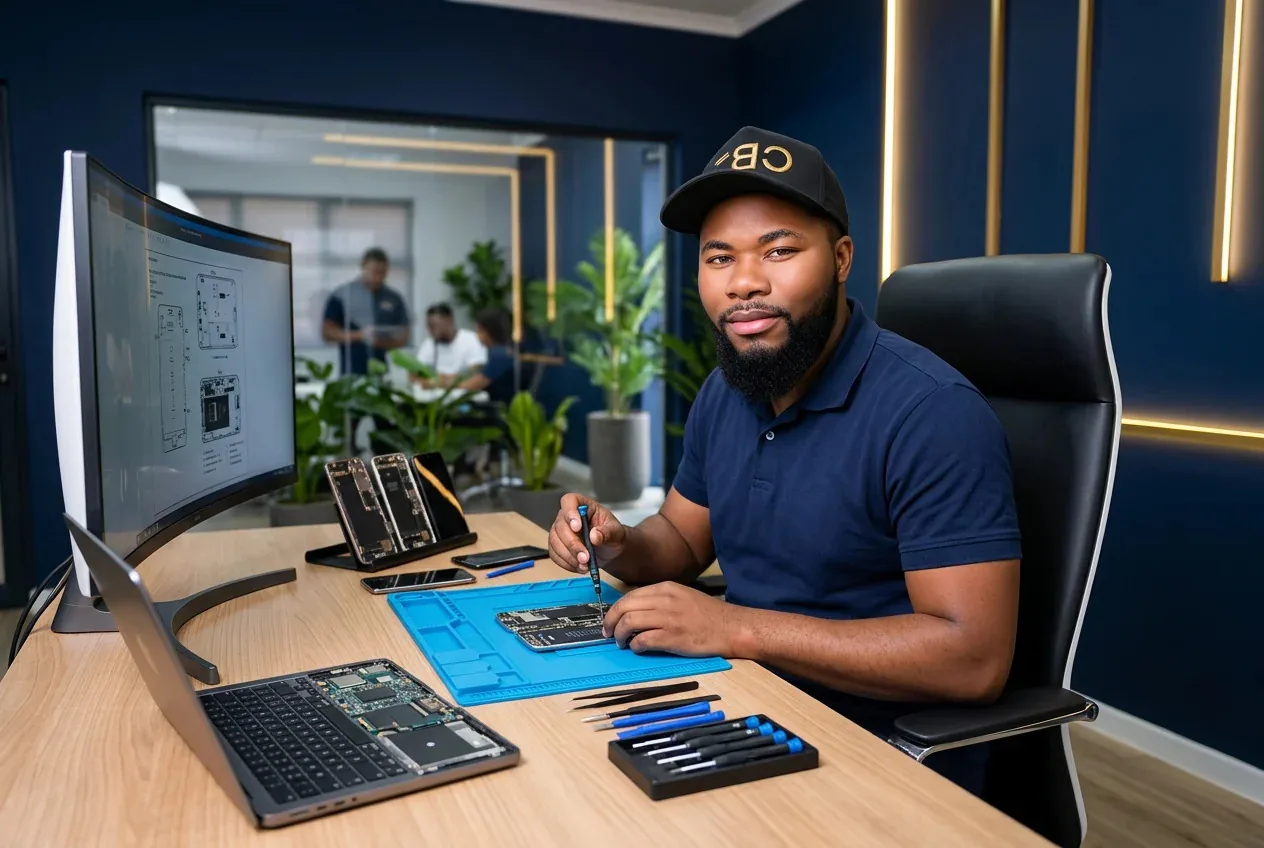 Ephraim Nyadowa repairing phones and a laptop at his modern office desk