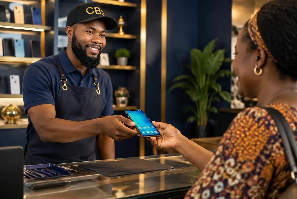Ephraim Nyadowa handing a working smartphone back to a smiling customer